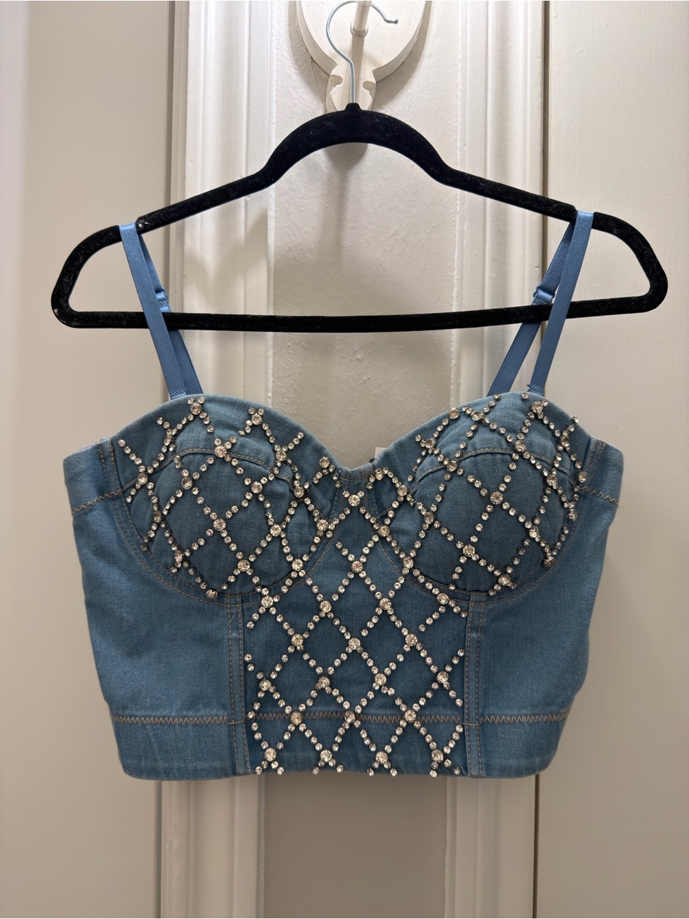 Beaded Blue Denim Bustier Crop Top